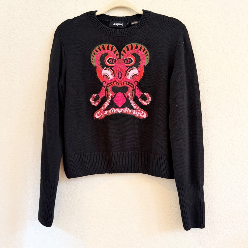 Desigual Black Graphic Knit Cotton Blend Sweater Embroidered Abstract Face Large